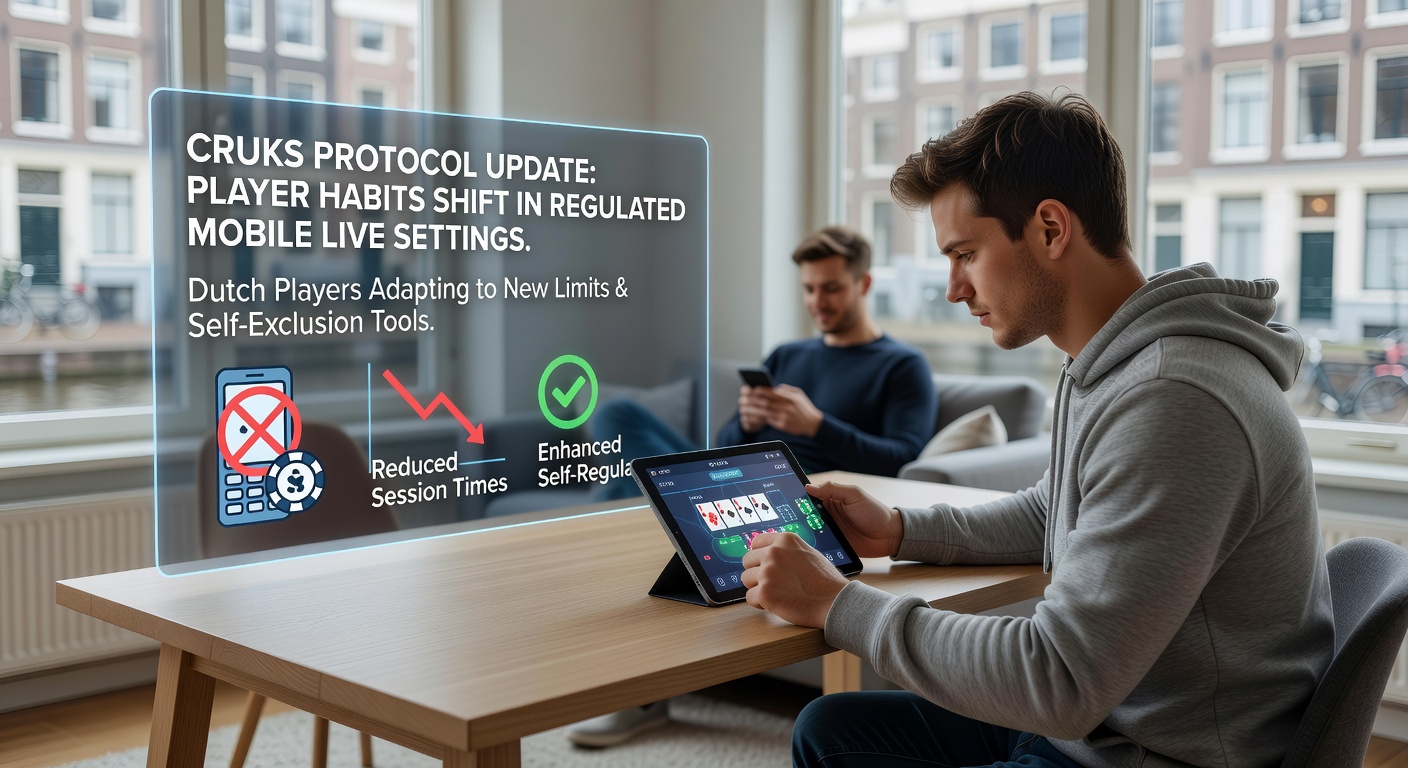 Illustratie van mobiele live casino interface met CRUKS integratie en spelertools