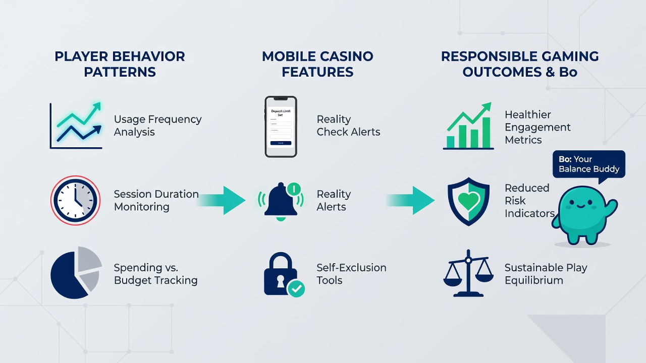 Diagram dat verantwoord spelen linkt aan mobiele casino features en bonusmechanismen voor Nederlandse gebruikers