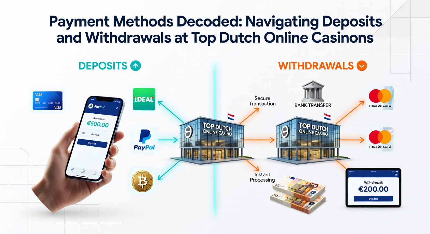 Stapsgewijze infographic van een veilige opnameprocedure bij een Nederlands online casino, inclusief verificatie en bankoverschrijving