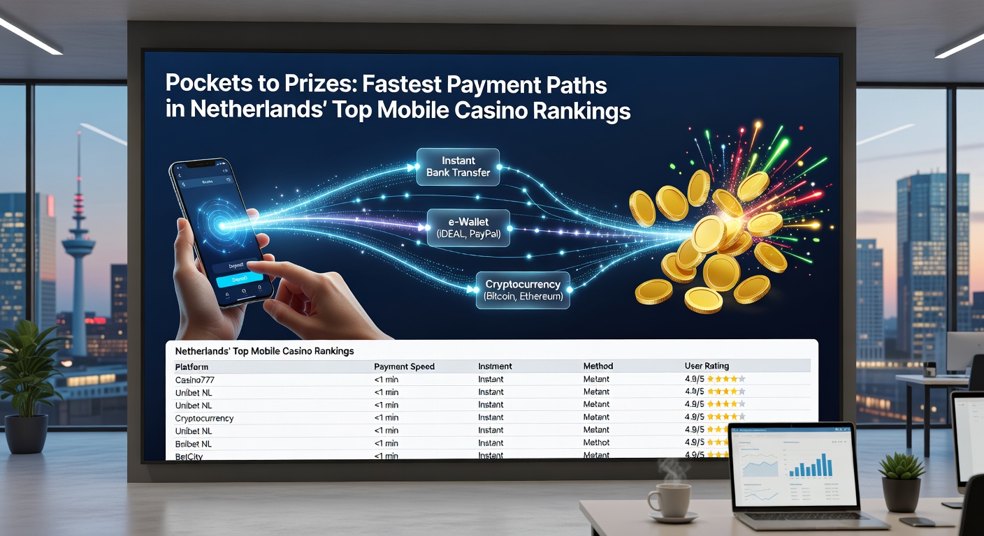 Smartphone met casino-app open, tonen een succesvolle iDEAL-uitbetaling en klok die 15 minuten aangeeft