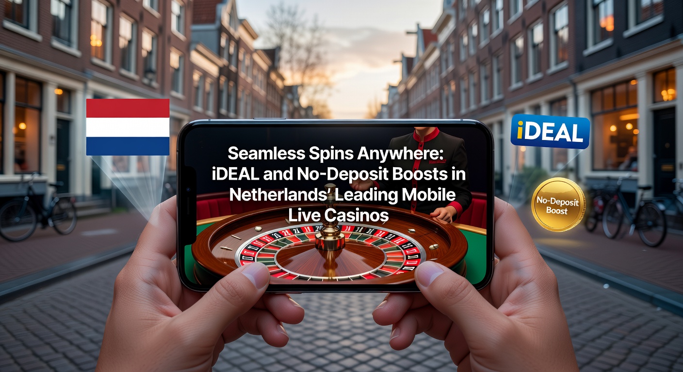 Mobiele live casino interface met iDEAL betaaloptie en no-deposit bonusaanbod op een smartphone-scherm