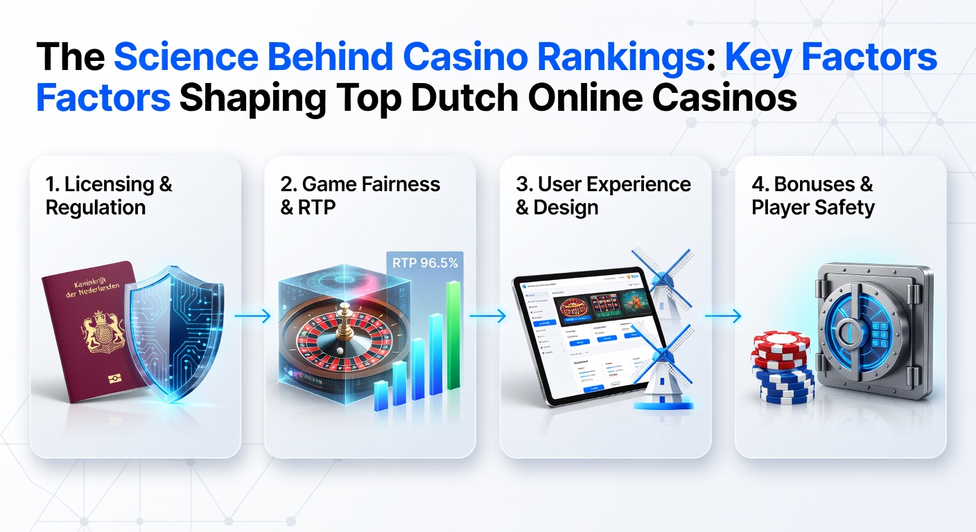 Grafiek met sleutelfactoren voor casino-rankings, inclusief RTP, licenties en beveiliging