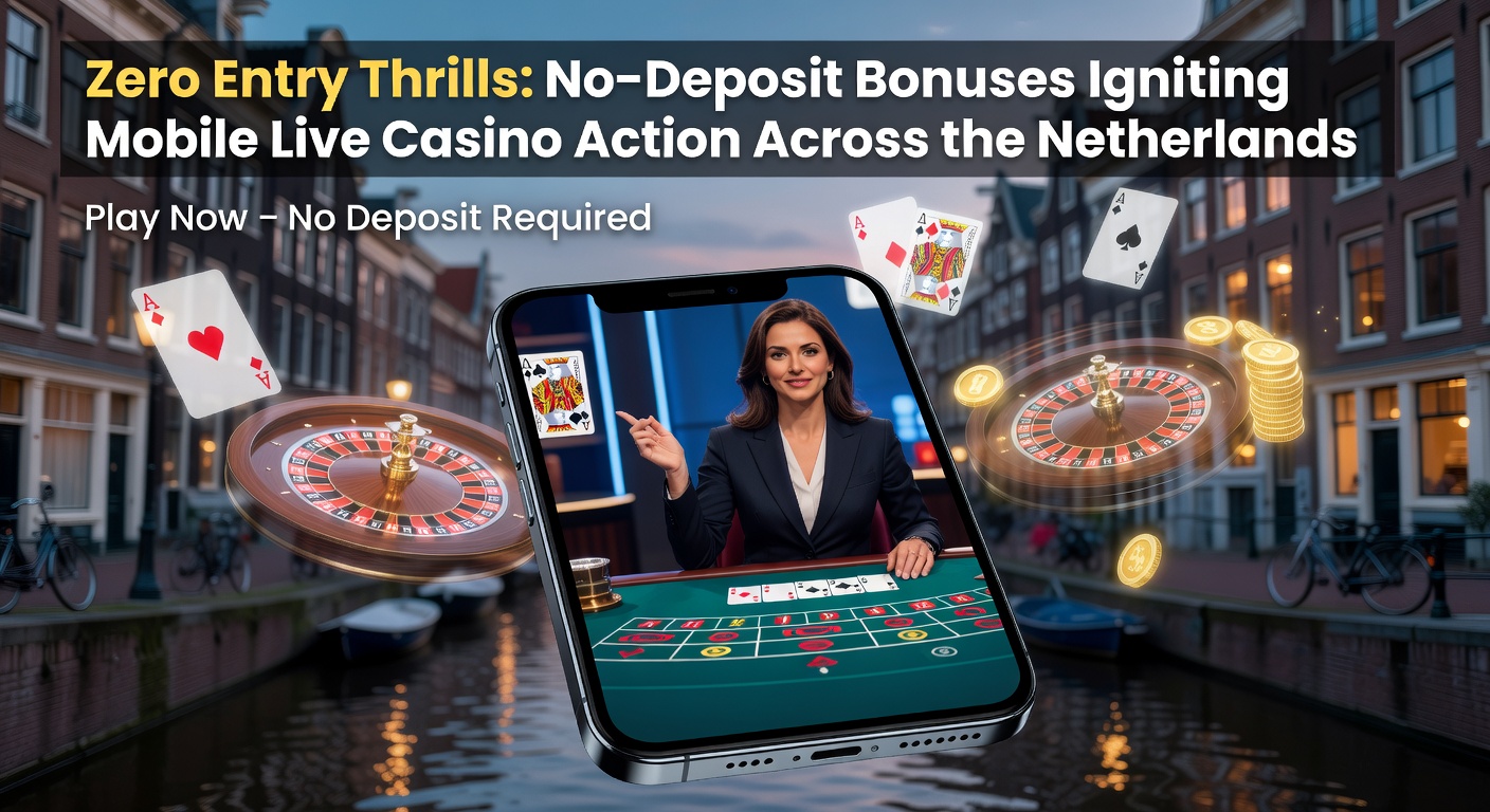 Mobiele telefoon met live casino scherm waarop een no-deposit bonus wordt geactiveerd, met Nederlandse vlag op de achtergrond